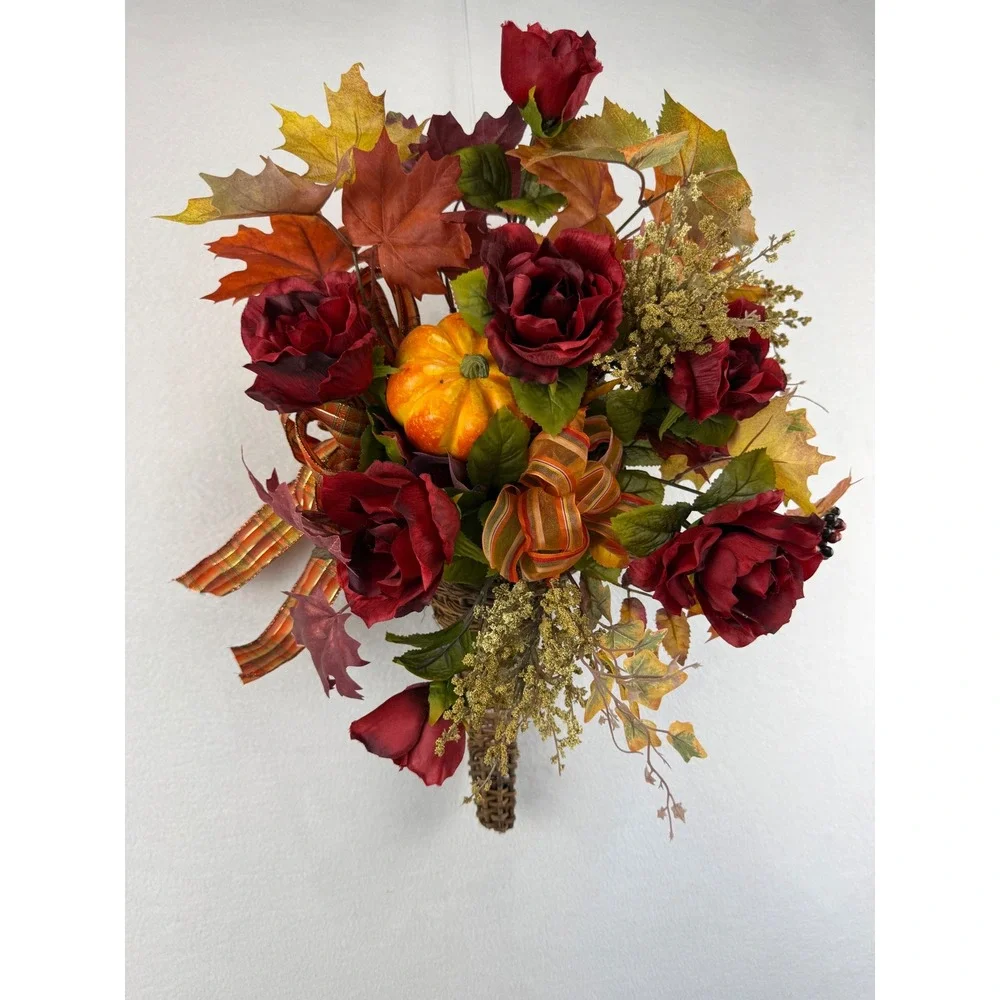 Fall Floral Cornucopia Wicker Basket Red Roses Pumpkin Harvest Decor